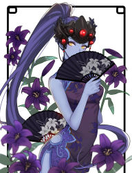 Rule 34 | 1girl, black lily widowmaker, breasts, china dress, chinese clothes, colored skin, covering own mouth, cowboy shot, dress, earrings, floral background, floral print, flower, folding fan, hand fan, head-mounted display, jewelry, lily (flower), long hair, looking at viewer, medium breasts, official alternate costume, overwatch, overwatch 1, ponytail, purple hair, purple skin, solo, stud earrings, very long hair, white background, widowmaker (overwatch), yellow eyes, zonana