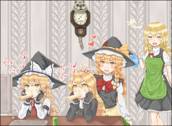 Rule 34 | 4girls, apron, azusa (cookie), black coat, black headwear, black vest, blonde hair, blouse, blush, bow, bowtie, braid, brown eyes, chikuwa, clock, closed eyes, coat, commentary request, cookie (touhou), crossed bangs, food, food in mouth, frilled hat, frills, gloves, green apron, green eyes, haiperion buzan, hair between eyes, hand on another&#039;s head, hat, heart, highres, keyboard (computer), kirisame marisa, kit-cat clock, long hair, long sleeves, manatsu no yo no inmu, mars (cookie), miura cat, monitor, multiple girls, open mouth, partially fingerless gloves, red bow, red bowtie, red scarf, rei (cookie), scarf, shirt, side braid, single braid, smile, table, touhou, translation request, turtleneck, upper body, uzuki (cookie), vest, white bow, white shirt, witch hat, yellow eyes