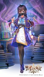 Rule 34 | 1girl, age of ishtaria, alchemy, ankle boots, beaker, beaker holster, belt, black belt, black footwear, black hair, black mask, black pantyhose, blue bow, blue bowtie, blue eyes, book, book stack, bookshelf, boots, bow, bowtie, brown hair, buttons, candle, capelet, cauldron, copyright name, copyright notice, cowlick, curtains, double-breasted, dress shirt, flask, full body, glint, gold trim, gradient hair, hair between eyes, heterochromia, high-waist skirt, highres, holding, holding scroll, holding test tube, light particles, long hair, looking at viewer, mask, medium skirt, mouth mask, multicolored hair, official art, open book, pantyhose, pleated skirt, potion, purple capelet, purple footwear, purple skirt, purple sleeves, red eyes, sailor collar, scroll, shirt, sila (carpen), skirt, sleeve cuffs, smoke, solo, standing, surgical mask, table, test tube, test tube rack, two-tone footwear, two-tone skirt, uniform, white shirt, white skirt