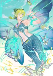 Rule 34 | 1girl, absurdres, ahoge, aqua eyes, aqua ribbon, bare shoulders, braid, braided ponytail, breasts, brooch, bug, butterfly, butterfly wings, double bun, feet out of frame, green hair, green lips, hair between eyes, hair bun, halterneck, highres, insect, insect wings, jewelry, jojo no kimyou na bouken, kuujou jolyne, large breasts, midriff, multicolored hair, navel, parted lips, ribbon, solo, toned, two-tone hair, wings, xianyu314