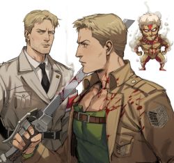 Rule 34 | 1boy, absurdres, armored titan, bara, blonde hair, blood, blood on clothes, bloody weapon, brown eyes, brown jacket, chest belt, chibi, closed mouth, ctstudio (executional), facial hair, green shirt, highres, holding, holding weapon, jacket, large pectorals, male focus, muscular, muscular male, open clothes, open jacket, pectorals, reiner braun, shingeki no kyojin, shirt, short hair, simple background, titan (shingeki no kyojin), upper body, weapon, white background