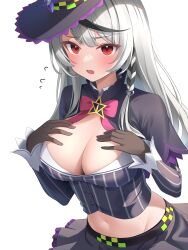 Rule 34 | 1girl, absurdres, black gloves, black hair, black skirt, blush, border, bow, braid, breasts, center opening, cleavage, commentary request, cosplay, cropped shirt, gloves, grey hair, hands on own chest, hat, highres, hololive, kuchitani, large breasts, long hair, long sleeves, midriff, multicolored hair, murasaki shion, murasaki shion (1st costume), murasaki shion (cosplay), navel, open mouth, pink bow, pinstripe pattern, pinstripe shirt, red eyes, sakamata chloe, shirt, side braid, simple background, single braid, skirt, solo, stomach, streaked hair, striped, sweatdrop, virtual youtuber, white background, white border, witch hat