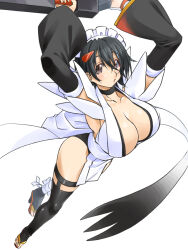 Rule 34 | 1girl, apron, arms up, artist request, ass, black hair, breasts, butterfly swords, cleavage, detached sleeves, full body, highres, holding, holding weapon, iroha (samurai spirits), jumping, large breasts, leotard, leotard under clothes, looking at viewer, maid, maid headdress, revealing clothes, samurai spirits, shiny skin, solo, thighhighs, weapon, white apron, white background
