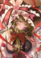 Rule 34 | 1girl, absurdres, alternate costume, bare shoulders, black dress, black gloves, blurry, blurry background, blush, bow, breasts, center frills, closed mouth, depth of field, dress, eyebrows hidden by hair, flower, frilled ribbon, frills, front ponytail, gloves, green eyes, green hair, grey ribbon, hair bow, heart, highres, holding, huge filesize, kagiyama hina, large breasts, lens flare, long hair, looking at viewer, off shoulder, pink flower, pink rose, red bow, red ribbon, ribbon, rose, smile, solo, totomiya, touhou, upper body, valentine