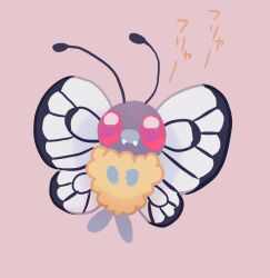 Rule 34 | animal focus, antennae, bug, butterfly, butterfree, commentary request, creatures (company), fangs, full body, game freak, gen 1 pokemon, highres, insect, looking at viewer, nintendo, no humans, pink background, pink eyes, pokemon, pokemon (creature), s (happycolor 329), simple background, solo
