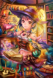 Rule 34 | 1girl, bad id, bad pixiv id, black hair, book, bookshelf, braid, candle, collar, desk, elbow gloves, fire, fire, gem, gloves, groin, hat, highres, holding, hourglass, looking at viewer, midriff, navel, open book, original, pierorabu, quill, red eyes, short hair, single braid, smile, solo, stairs, vial, weighing scale