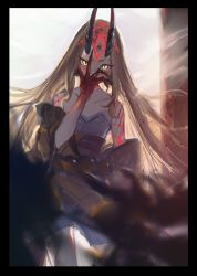 Rule 34 | 1girl, absurdres, black border, blonde hair, blurry, blurry foreground, border, colored skin, covered mouth, depth of field, facial mark, fate/grand order, fate (series), forehead mark, hand over face, hand up, highres, hoojiro, horns, ibaraki douji (fate), japanese clothes, kimono, long hair, long sleeves, looking at viewer, obi, red skin, sash, slit pupils, solo, standing, very long hair, yellow eyes