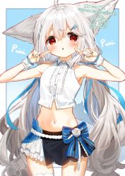 Rule 34 | 1girl, animal ears, armpits, commentary request, commission, flower, fox ears, fox girl, fox tail, hair ornament, highres, long hair, looking at viewer, low twintails, original, red eyes, sakurada shiro (hy plus), same jarashi, skirt, solo, stomach, tail, twintails, very long hair, white hair