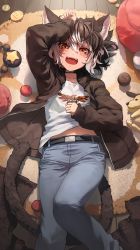 Rule 34 | 1girl, :d, animal ear fluff, animal ears, arm up, black hair, black jacket, blue pants, blush, brown eyes, cat ears, cat girl, cat tail, collarbone, commission, fangs, feet out of frame, hair between eyes, highres, jacket, looking at viewer, lying, melaton, multicolored hair, on back, open clothes, open jacket, open mouth, original, pants, shirt, skeb commission, smile, solo, tail, two-tone hair, white hair, white shirt, wooden floor