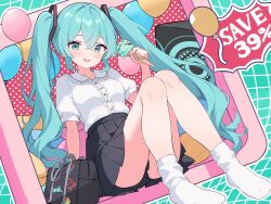 1girl absurdres aqua_eyes aqua_hair aqua_nails bag balloon black_skirt blush center_frills commentary_request crossed_bangs food frills hair_between_eyes hatsune_miku highres holding holding_food holding_ice_cream ice_cream knees_up long_hair looking_at_viewer miniskirt mushpz no_shoes open_mouth pleated_skirt school_bag shirt short_sleeves skirt smile socks solo twintails very_long_hair vocaloid white_shirt white_socks