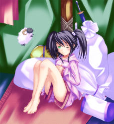Rule 34 | 00s, 1girl, ar tonelico, ar tonelico i, barefoot, black hair, blush, female focus, green eyes, gust, misha arsellec lune, moru pomu po, pajamas, pillow, sheep, solo, twintails, wink, aged down