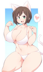 Rule 34 | 10s, 1girl, :d, animal ears, bad id, bad pixiv id, bikini, blush, breasts, brown hair, cat ears, cat tail, cleavage, collarbone, cowboy shot, curvy, eyebrows, fang, green eyes, heart, huge breasts, idolmaster, idolmaster cinderella girls, looking at viewer, maekawa miku, navel, open mouth, short hair, smile, solo, speech bubble, spoken heart, swimsuit, tail, thick thighs, thighs, uccow, white bikini, wide hips