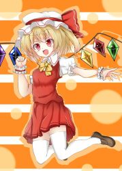 Rule 34 | 1girl, blonde hair, bow, bowtie, breasts, brown footwear, collared shirt, crystal, fang, flandre scarlet, full body, hat, hat ribbon, highres, loafers, looking at viewer, medium hair, mob cap, moon, multicolored wings, one side up, orange background, pleated skirt, puffy short sleeves, puffy sleeves, red eyes, red ribbon, red skirt, ribbon, shimohuri (novazz221), shirt, shoes, short sleeves, simple background, skin fang, skirt, small breasts, solo, thighhighs, touhou, white hat, white shirt, white thighhighs, wings, wrist cuffs, yellow bow, yellow bowtie