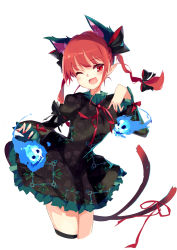 Rule 34 | 1girl, animal ears, blush, bow, cat ears, cat tail, cropped legs, dress, green dress, hair bow, kaenbyou rin, long hair, long sleeves, looking at viewer, multiple tails, nail polish, one eye closed, open mouth, pointy ears, red eyes, red hair, red ribbon, ribbon, simple background, skull, smile, solo, tail, tail ornament, tail ribbon, tetsurou (fe+), touhou, two tails, white background