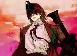 Rule 34 | 1boy, black hair, black jacket, black necktie, black suit, chainsaw man, chinese commentary, clenched teeth, collared shirt, commentary request, facing viewer, formal, gun, hair over eyes, hayakawa aki, highres, hybrid, jacket, male focus, multicolored background, necktie, orange background, pink background, shirt, short hair, solo, spoilers, suit, teeth, upper body, weapon, white shirt, zai li flag jiuyao si le