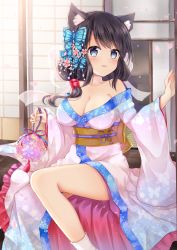 Rule 34 | 1girl, animal ears, azur lane, bad id, bad pixiv id, black hair, blue eyes, blue kimono, blush, breasts, butterfly hair ornament, cat ears, cleavage, commentary request, fingernails, flower, fusou (azur lane), gradient kimono, hair flower, hair ornament, hand up, holding, japanese clothes, kimono, long hair, long sleeves, looking at viewer, medium breasts, obi, off shoulder, parted lips, petals, pink flower, sash, see-through, shikino (sikinonono), sitting, smile, socks, solo, white kimono, white socks, wide sleeves