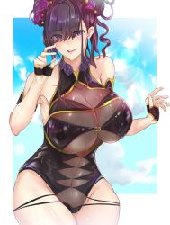 Rule 34 | 1girl, armlet, bare shoulders, black gloves, black one-piece swimsuit, blue sky, blush, border, breasts, covered navel, day, fate/grand order, fate (series), fingerless gloves, flower, gloves, gold trim, hair flower, hair ornament, hair up, half gloves, highleg, highleg swimsuit, highres, kanikoro8, large breasts, lens flare, long hair, looking at viewer, murasaki shikibu (fate), murasaki shikibu (swimsuit rider) (fate), one-piece swimsuit, open mouth, purple eyes, purple hair, sky, smile, swimsuit, thighs, wet, white border