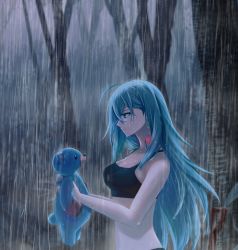 Rule 34 | 1girl, abc03219, ahoge, bare arms, black sports bra, blue eyes, blue hair, breasts, cleavage, closed mouth, commission, from side, hair between eyes, highres, long hair, matsumoto (vivy), medium breasts, midriff, outdoors, pixiv commission, rain, sports bra, stomach, straight hair, very long hair, vivy, vivy: fluorite eye&#039;s song, wet, wet hair