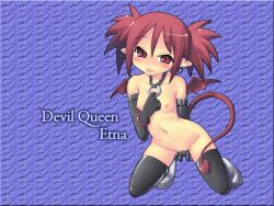 Rule 34 | 1girl, blush, breasts, collar, devil girl, disgaea, elbow gloves, etna (disgaea), female focus, full body, gloves, kneeling, naughty face, navel, nude, pussy, red hair, solo, tail, thighhighs, uncensored