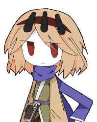 Rule 34 | 1other, absurdres, androgynous, belt, blue scarf, closed mouth, expressionless, green kimono, hairband, highres, japanese clothes, kimono, len&#039;en, long sleeves, medium hair, no nose, orange hair, orange sleeves, other focus, purple belt, red eyes, red hairband, scarf, simple background, skirt, solo, upper body, white background, white skirt, zhai yao, zuifeng tenkai