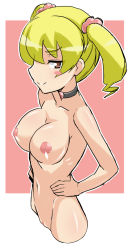 Rule 34 | 1girl, blonde hair, breasts, chicago-x, collar, completely nude, digimon, digimon xros wars, digimon xros wars: toki wo kakeru shounen hunter-tachi, female focus, large breasts, long hair, looking at viewer, nipples, nude, pussy, simple background, smile, solo, suzaki airu, twintails
