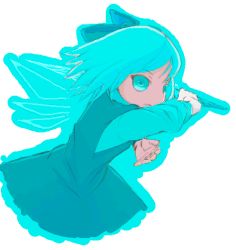 Rule 34 | 1girl, blue dress, blue eyes, blue hair, cirno, clear cross, crystal, dress, female focus, flying, ice, ice wings, long sleeves, looking at viewer, matching hair/eyes, sitting, solo, touhou, white background, wings