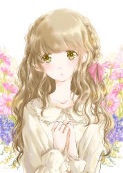 Rule 34 | 1girl, absurdres, arms up, bad id, bad pixiv id, blouse, blush, braid, brown eyes, collarbone, commentary request, floral background, flower, french braid, hair ribbon, hands on own chest, head tilt, highres, hoshiibara mato, light brown hair, long hair, long sleeves, looking at viewer, original, own hands together, parted lips, pink ribbon, ribbon, shirt, solo, spring (season), upper body, wavy hair, white background, white shirt