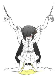 Rule 34 | 1girl, angry, arms up, azukilib, barefoot, belt, black hair, blush, bound, bound wrists, breasts, capelet, chain, closed mouth, cuffs, embarrassed, female focus, full body, hair over one eye, horns, kneeling, long hair, looking at viewer, miniskirt, monochrome, original, peeing, peeing self, pleated skirt, puddle, red eyes, shackles, shirt, short sleeves, simple background, single horn, skirt, small breasts, solo, spot color, white background