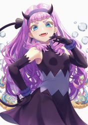 Rule 34 | 1girl, absurdres, black dress, black gloves, blue eyes, breasts, demon tail, dress, elbow gloves, fake horns, fangs, gloves, hairband, hand on own hip, highres, horns, jack-o&#039;-lantern, laura la mer, long hair, looking at viewer, open mouth, pink hair, precure, purple hairband, short dress, sleeveless, sleeveless dress, small breasts, solo, standing, tail, tropical-rouge! precure, very long hair, white background, yoko-ya manjirou
