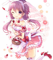 Rule 34 | 1girl, ;p, animal ears, apron, bare shoulders, basket, bow, breasts, cleavage, detached collar, dress, flower, food, footwear bow, frilled apron, frilled dress, frills, fruit, hair flower, hair ornament, hair ribbon, heart, high heels, ikari (aor3507), layered dress, maid headdress, one eye closed, purple eyes, purple hair, rabbit ears, red footwear, ribbon, shoes, solo, strawberry, thighhighs, tongue, tongue out, twintails, vocaloid, voiceroid, waist apron, white thighhighs, wrist cuffs, yuzuki yukari