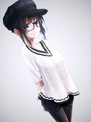 Rule 34 | 1girl, absurdres, arm grab, arms behind back, black hair, black hat, black pantyhose, black shorts, blouse, blush, breasts, brown eyes, cabbie hat, collarbone, commentary request, glasses, gradient background, grey background, hat, headwear request, highres, large breasts, long sleeves, looking at viewer, medium breasts, medium hair, nail polish, original, oriuo q, pantyhose, pink nails, shirt, shorts, simple background, smile, solo, standing, white shirt