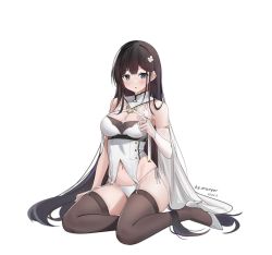 Rule 34 | 1girl, artist name, bare shoulders, black hair, black thighhighs, blue eyes, blush, breasts, bridal gauntlets, chinese commentary, cleavage, commentary request, dated, flower, full body, garter straps, grey footwear, hair flower, hair ornament, high heels, highres, large breasts, long hair, looking back, mungersky, navel, original, panties, parted lips, revealing clothes, side-tie panties, simple background, sitting, solo, thighhighs, thighs, underbust, underwear, very long hair, white background, white flower, white panties, yokozuwari