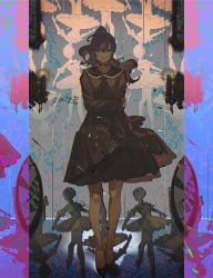 Rule 34 | 1girl, abstract background, asahina mafuyu, backlighting, bare legs, black sailor collar, black serafuku, border, collar, commentary, dancer, dated, empty eyes, expressionless, full body, hair up, haun, high ponytail, long hair, long sleeves, looking at viewer, muted color, ponytail, project sekai, purple eyes, purple hair, sailor collar, school uniform, serafuku, sleeves past wrists, solo, toraware no marionette (project sekai)