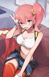 Rule 34 | 1girl, aina ardebit, blue eyes, gloves, looking at viewer, midriff, open mouth, pink hair, promare, short shorts, shorts, side ponytail, smile, soto, suspenders, thighhighs