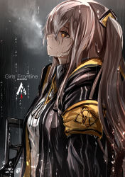 Rule 34 | 1girl, absurdres, armband, brown eyes, brown hair, from side, girls&#039; frontline, gun, h&amp;k ump, haguruma c, hair between eyes, heckler &amp; koch, highres, holding, holding gun, holding weapon, jacket, long hair, open clothes, open jacket, outdoors, parted lips, profile, rain, scar, scar across eye, scar on face, sidelocks, solo, submachine gun, twintails, ump45 (girls&#039; frontline), upper body, weapon, wet, wet clothes