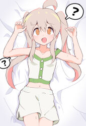 Rule 34 | 1girl, ?, @ @, ahoge, bare arms, bed sheet, collarbone, commentary, cowboy shot, from above, grey hair, hair between eyes, highres, long hair, looking at viewer, lying, midriff, multicolored hair, navel, on back, on bed, onii-chan wa oshimai!, open mouth, orange eyes, oyama mahiro, pink hair, riru 121, shorts, solo, spoken question mark, twintails, two-tone hair, white shorts