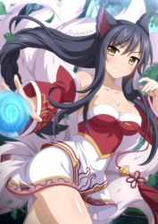 Rule 34 | 1girl, ahri (league of legends), animal ears, bare shoulders, black hair, blush, breasts, cleavage, collarbone, detached sleeves, energy ball, facial mark, forest, fox ears, fox tail, greeze18, korean clothes, large breasts, league of legends, long hair, multiple tails, nature, solo, tail, twitter username, wanaca, whisker markings, wide hips, yellow eyes