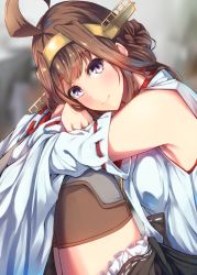 Rule 34 | 10s, 1girl, ahoge, bare shoulders, black skirt, blurry, blurry background, boots, brown hair, detached sleeves, double bun, hairband, headgear, highres, japanese clothes, kantai collection, kongou (kancolle), konkito, long hair, nontraditional miko, purple eyes, ribbon-trimmed sleeves, ribbon trim, skirt, smile, solo, thigh boots, thighhighs, wide sleeves