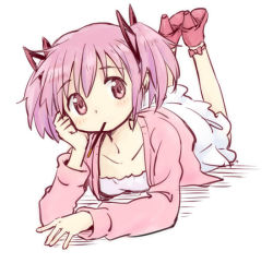 Rule 34 | 10s, 1girl, blush, food, high heels, kaname madoka, kannari, looking at viewer, lying, mahou shoujo madoka magica, mahou shoujo madoka magica (anime), mouth hold, on stomach, pink eyes, pink hair, pocky, short hair, short twintails, simple background, solo, twintails, white background