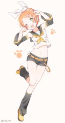 Rule 34 | 1girl, arm warmers, bad id, bad pixiv id, belt, blush, bow, cosplay, crop top, crop top overhang, detached sleeves, hair bow, headphones, headset, hoshizora rin, kagamine rin, kagamine rin (cosplay), leg warmers, looking at viewer, love live!, love live! school idol project, marin (myuy 3), midriff, name connection, navel, one eye closed, orange hair, sailor collar, short hair, short shorts, shorts, smile, solo, thigh gap, vocaloid