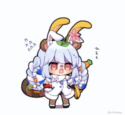 Rule 34 | 0725akaba, 1girl, @ @, animal ear fluff, animal ears, black footwear, black leotard, blue hair, blush, bow, brown pantyhose, carrot hair ornament, character request, chibi, creatures (company), don-chan (usada pekora), dress, flower, flower on head, flying sweatdrops, food-themed hair ornament, fur-trimmed dress, fur trim, game freak, gen 2 pokemon, hair bow, hair ornament, highres, holding, holding poke ball, hololive, leotard, leotard under clothes, multicolored hair, nintendo, open mouth, pantyhose, pink flower, poke ball, poke ball (basic), pokemon, rabbit ears, red eyes, sentret, shadow, shoes, short eyebrows, simple background, solo, standing, striped tail, sweat, tail, thick eyebrows, translation request, turn pale, twitter username, two-tone hair, usada pekora, virtual youtuber, white background, white bow, white dress, white hair
