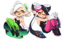 Rule 34 | + +, 2girls, :o, ankle boots, atuagedoufu, black dress, black footwear, black hair, black jumpsuit, black shorts, boots, breasts, callie (splatoon), cleavage, collar, colored tongue, commentary, cousins, detached collar, dress, earrings, fangs, fingers together, floating, food, food on head, gloves, green dress, green legwear, green tongue, highres, inkling, jewelry, jumpsuit, long hair, looking at viewer, marie (splatoon), medium breasts, mole, mole under eye, multiple girls, nintendo, object on head, open mouth, orange eyes, pantyhose, pantyhose under shorts, parted lips, pointy ears, purple legwear, purple tongue, short dress, short hair, short jumpsuit, shorts, shorts under dress, side-by-side, silver hair, simple background, splatoon (series), splatoon 1, strapless, strapless dress, sushi, swept bangs, symbol-only commentary, tentacle hair, two-sided dress, two-sided fabric, very long hair, white background, white collar, white gloves, wing collar
