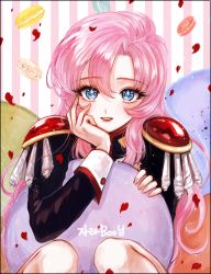Rule 34 | 1990s (style), 1girl, bad id, bad twitter id, blue eyes, epaulettes, eyelashes, food, hand on own cheek, hand on own face, long hair, long sleeves, looking at viewer, macaron, pagaraga, parted bangs, parted lips, petals, pink hair, retro artstyle, rose petals, shoujo kakumei utena, solo, striped, striped background, tenjou utena, vertical stripes, very long hair