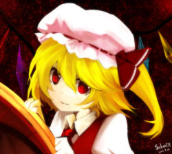 Rule 34 | 10s, 1girl, 2011, blonde hair, bow, face, female focus, flandre scarlet, hat, hat bow, light smile, red eyes, saberiii, short hair, side ponytail, signature, solo, embodiment of scarlet devil, touhou, wings