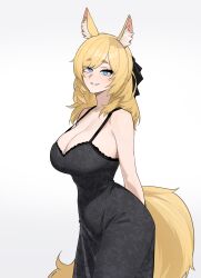 1girl absurdres alternate_costume animal_ear_fluff animal_ears arknights arms_behind_back bare_shoulders black_dress blonde_hair blue_eyes breasts collarbone commentary cowboy_shot dress english_commentary grey_background highres horse_ears horse_girl horse_tail large_breasts long_hair looking_at_viewer looking_to_the_side no_bra nokaa_aru simple_background smile solo strap_gap tail unmoving_pattern whislash_(arknights)