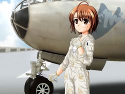 Rule 34 | 1girl, ahoge, aircraft, airplane, b-29, b-29 superfortress, bomber, chise natsumi, coveralls, dirty, gloves, jumpsuit, military, military vehicle, natsumi chise, rocket no natsu, shiukichi, short hair, sleeves rolled up, solo, wrench