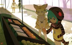 Rule 34 | 4girls, animal ears, animal hood, animal print, aye-aye (kemono friends), back bow, black dress, black hair, blonde hair, bow, bowtie, bread, cat ears, commentary, day, dress, elbow gloves, fisheye, food, food stand, gloves, golden snub-nosed monkey (kemono friends), green eyes, green hair, hair between eyes, hand in pocket, highres, holding, holding weapon, hood, hood up, hooded jacket, jacket, k.k.k., kemono friends, leotard, long hair, long sleeves, looking at food, looking at object, medium hair, multicolored hair, multiple girls, orange hair, outdoors, parted lips, pocket, ponytail, print hood, print jacket, print skirt, sand cat (kemono friends), shade, shirt, short dress, skirt, sleeveless, sleeveless shirt, smile, snake hood, snake print, snake tail, standing, symbol-only commentary, tail, thighhighs, tsuchinoko (kemono friends), two-tone hair, very long hair, walking, weapon, yellow eyes