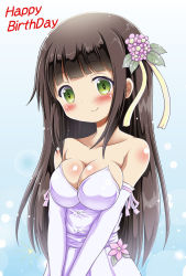Rule 34 | 1girl, alternate costume, bare shoulders, blunt bangs, blush, breasts, brown hair, cleavage, closed mouth, collarbone, dress, elbow gloves, english text, flower, gloves, gochuumon wa usagi desu ka?, gradient background, green eyes, hair flower, hair ornament, happy birthday, large breasts, light particles, long hair, narurun (final123), pink flower, ribbon, smile, solo, strapless, strapless dress, two-tone background, ujimatsu chiya, upper body, wedding dress, white dress, white gloves, yellow ribbon