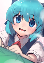 Rule 34 | 1girl, :d, blue eyes, blue hair, blue vest, blurry, blurry foreground, blush, boa (brianoa), cirno, collared shirt, commentary, depth of field, english commentary, highres, looking at viewer, open mouth, puffy short sleeves, puffy sleeves, shirt, short sleeves, smile, solo, touhou, upper body, vest, white shirt, wing collar