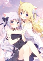 Rule 34 | 2girls, :d, :o, animal ear fluff, animal ears, bare arms, bare shoulders, black bow, black dress, blonde hair, blue eyes, blush, bow, cat ears, cat girl, cat tail, collarbone, commentary request, dress, hair between eyes, hair bow, hug, knees up, long hair, looking at viewer, multiple girls, off-shoulder dress, off shoulder, open mouth, original, parted lips, purple bow, purple hair, shiratama (shiratamaco), sidelocks, sleeveless, sleeveless dress, smile, strap slip, tail, twintails, very long hair, white dress, wrist cuffs